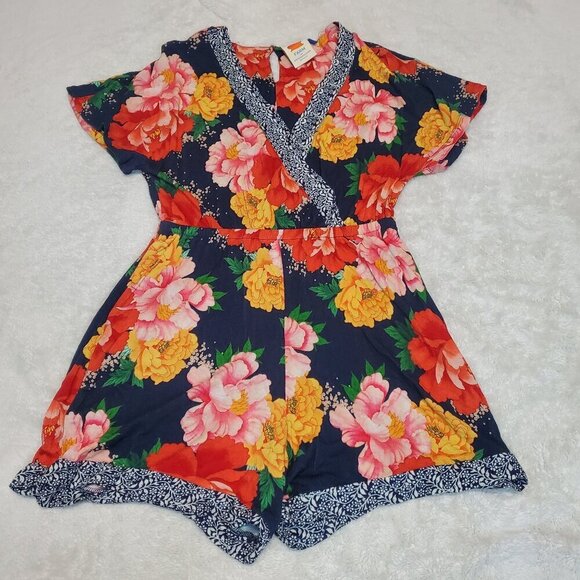 Farm Rio Anthropologie Navy Blue Red Yellow Floral V Neck Shorts Romper Small - Picture 1 of 10